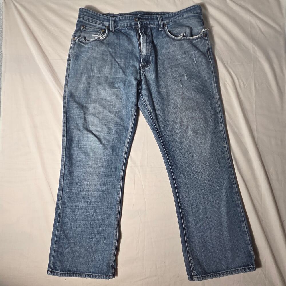Flypaper Mens 36 Flap Pocket Cross Embroidered Boot Cut Denim Jeans Y2K Style